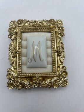 Limoges France Porcelain Monogram M Gold Gilt Initial Plaque Tile Vintage Decor